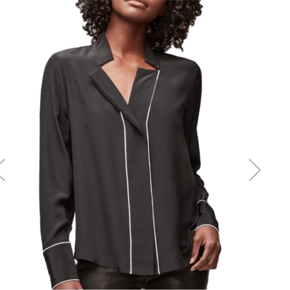 FRAME Notch Collar Silk Blouse Women's size small Black White Trim EUC